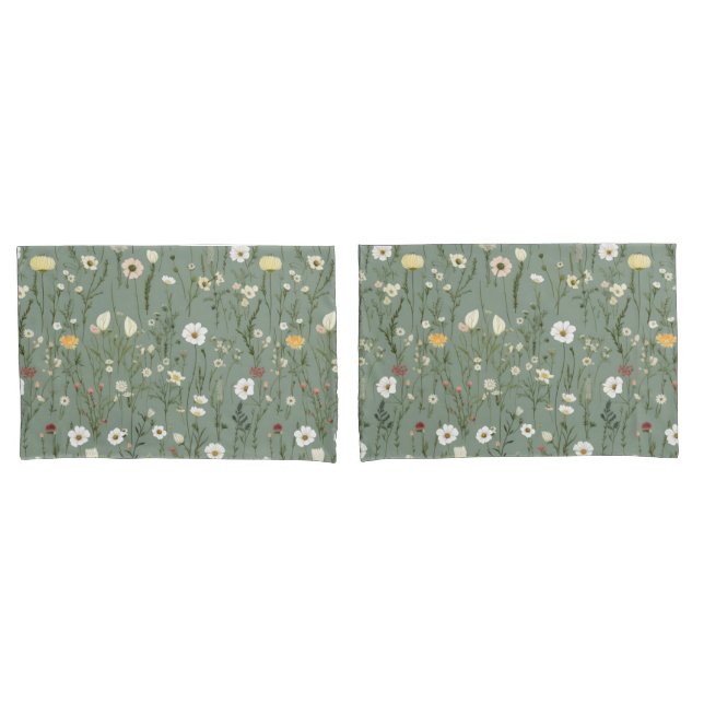 Sage Green Yellow White Boho Wildflowers Floral Pillowcase (Front-Set)