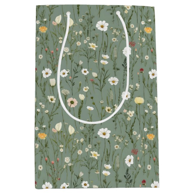 Sage Green Yellow White Wildflowers Birthday Her Medium Gift Bag (Front)