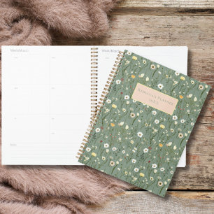 Sage Green Yellow White Wildflowers Boho Yearly Planner