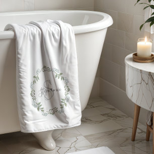 Sage Greenery Botanical Wreath Monogram Bath Towel