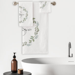 Sage Greenery Botanical Wreath Monogram Bath Towel Set