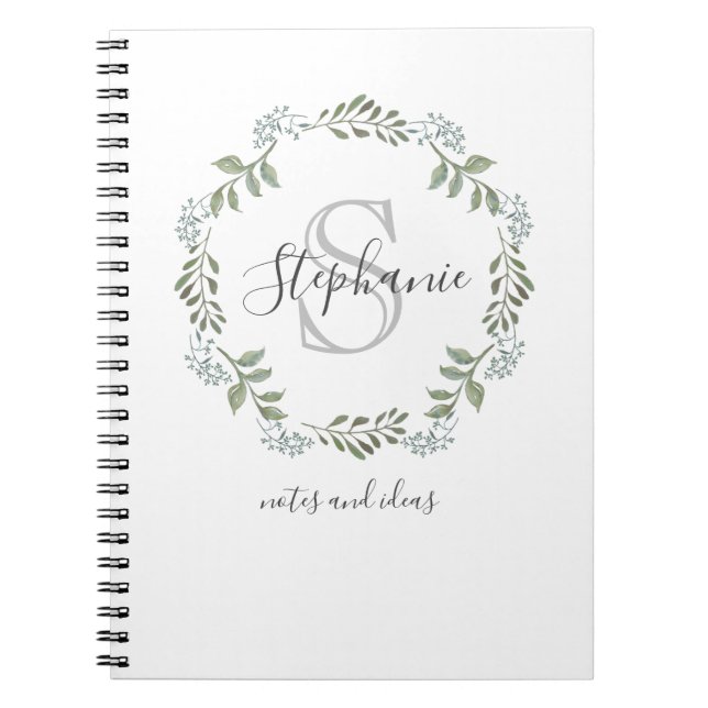 Sage Greenery Botanical Wreath Monogram Notebook (Front)