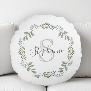 Sage Greenery Botanical Wreath Monogram Round Cushion