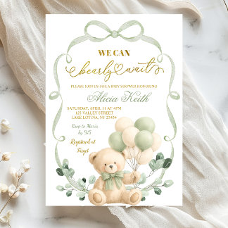 Sage Greenery Bow Coquette Bear Baby Shower Invitation