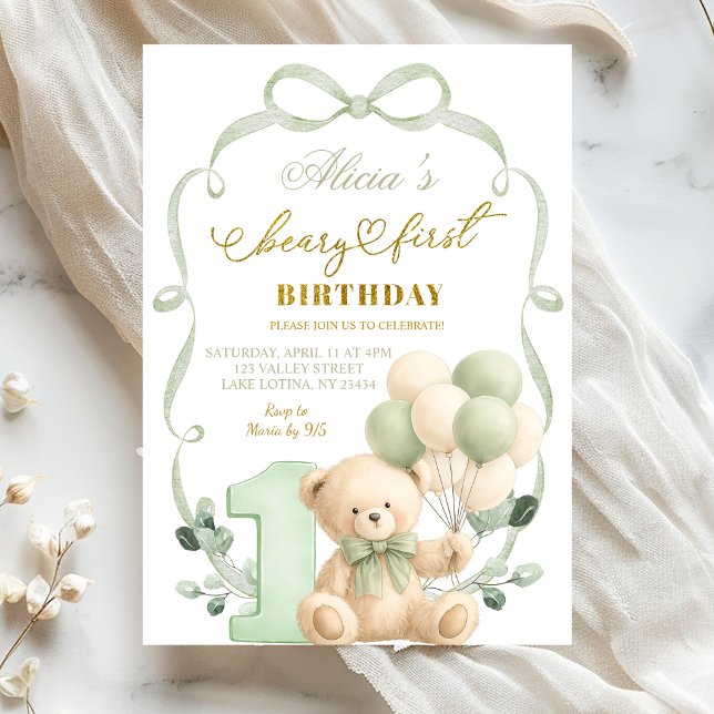 Sage Greenery Bow Coquette Beary First Birthday Invitation (Creator Uploaded)