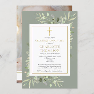 Sage Greenery Christian Celebration of Life Photo Invitation