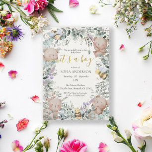 Sage Greenery Cute Bear Boy Baby Shower Invitation