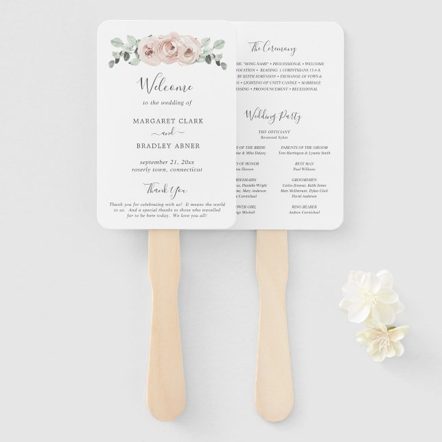 Sage Greenery Dusty Rose Floral Wedding Program Hand Fan (Front and Back)