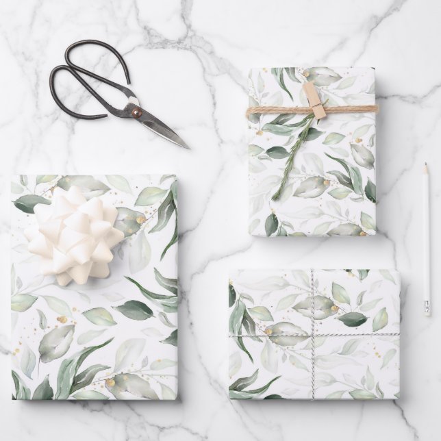 Sage Greenery Elegant Soft Gold Botanical Foliage Wrapping Paper Sheet (Front)