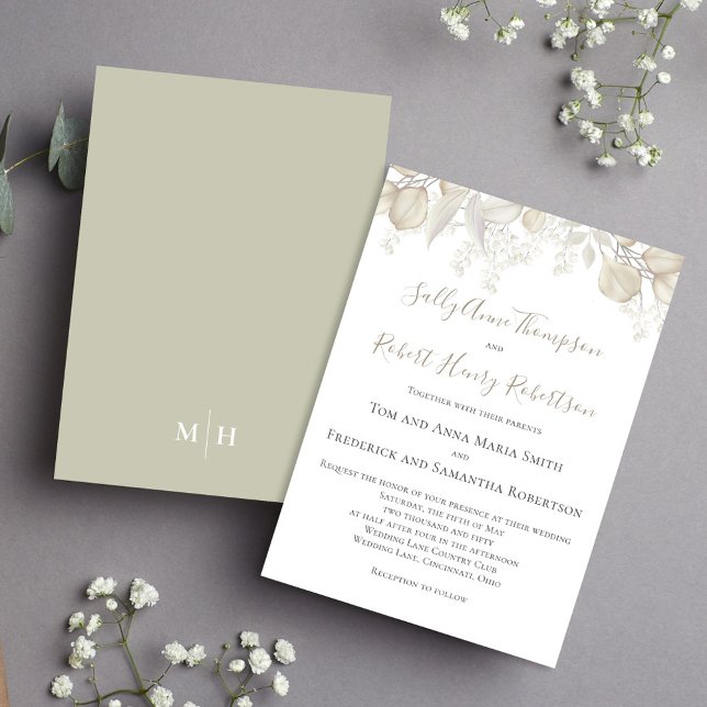 Sage Greenery Elegant Wedding Leaves Invitation (Simple and elegant sage green and cream foliage wedding invitation.)