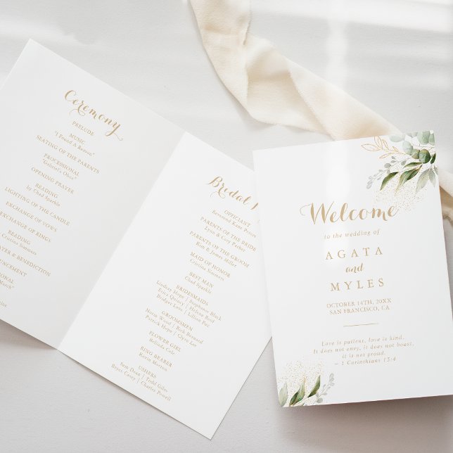 Sage Greenery Eucalyptus Gold Folded Wedding Programme (Creator Uploaded)