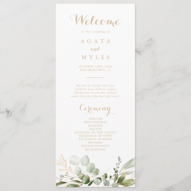 Sage Greenery Eucalyptus Gold Wedding Program Programme (Front)