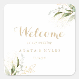 Sage Greenery Eucalyptus Gold Wedding Welcome Square Sticker