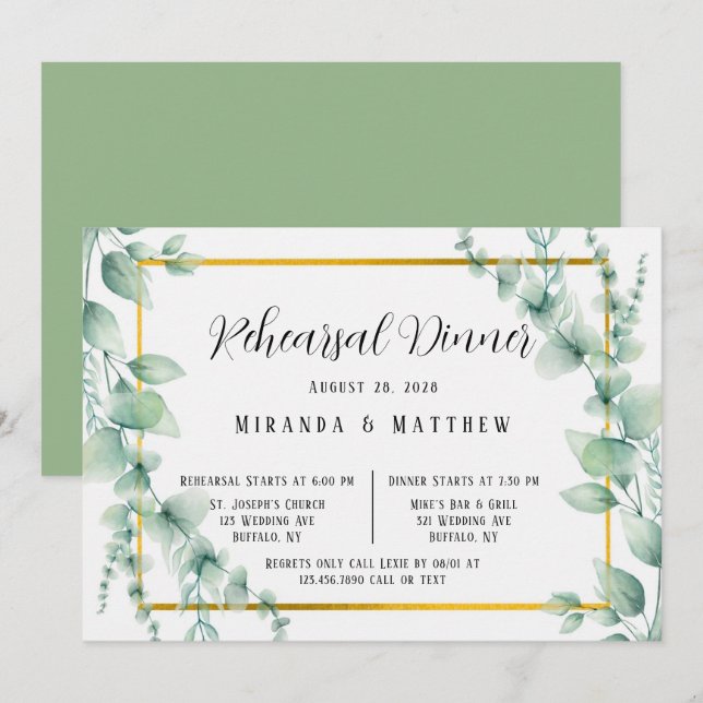 Sage Greenery Faux Gold Geometric Rehearsal Dinner Invitation (Front/Back)