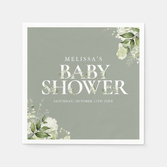 Sage Greenery Floral Gender Neutral Baby Shower Napkin (Front)