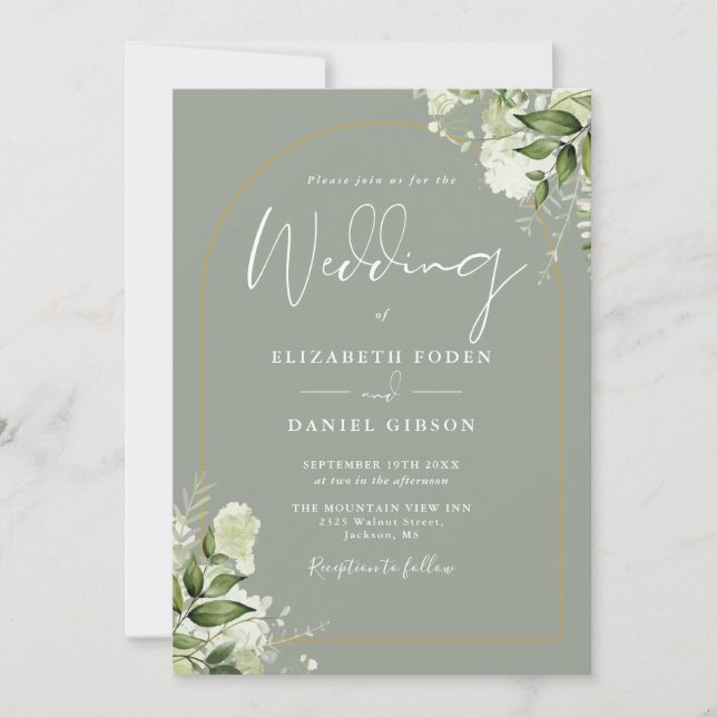 Sage Greenery Floral Gold Arch Monogram Wedding Invitation (Front)