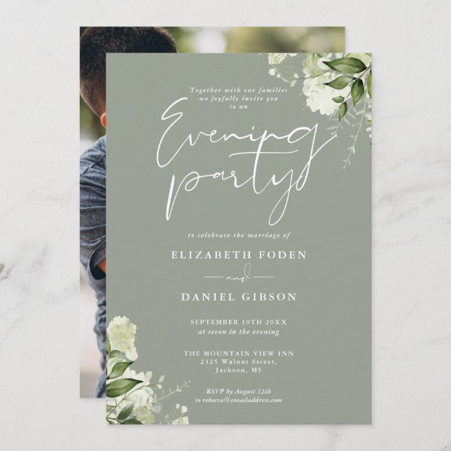 Sage Greenery Floral Photo Wedding Evening Party Invitation (Front/Back)