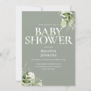 Sage Greenery Floral QR Code Baby Shower Invitation