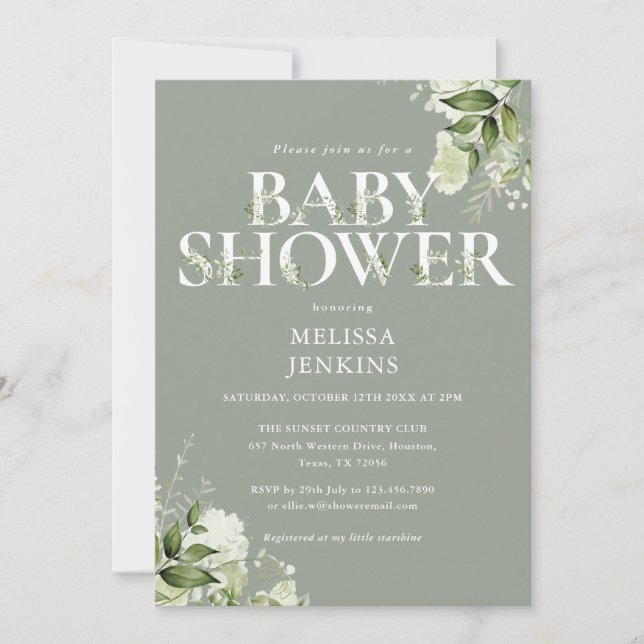 Sage Greenery Foliage Gender Neutral Baby Shower Invitation (Front)