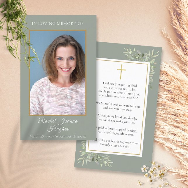 Sage Greenery Funeral Memorial Photo Prayer Cards (Creator Uploaded)