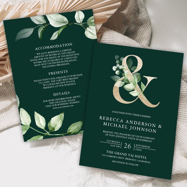 Sage Greenery Gold Ampersand Emerald Green Wedding Invitation (Creator Uploaded)