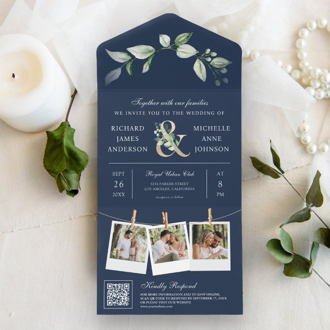 Sage Greenery Gold Ampersand QR Code Navy Wedding All In One Invitation (Creator Uploaded)