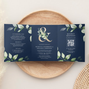 Sage Greenery Gold Ampersand QR Code Navy Wedding Tri-Fold Invitation