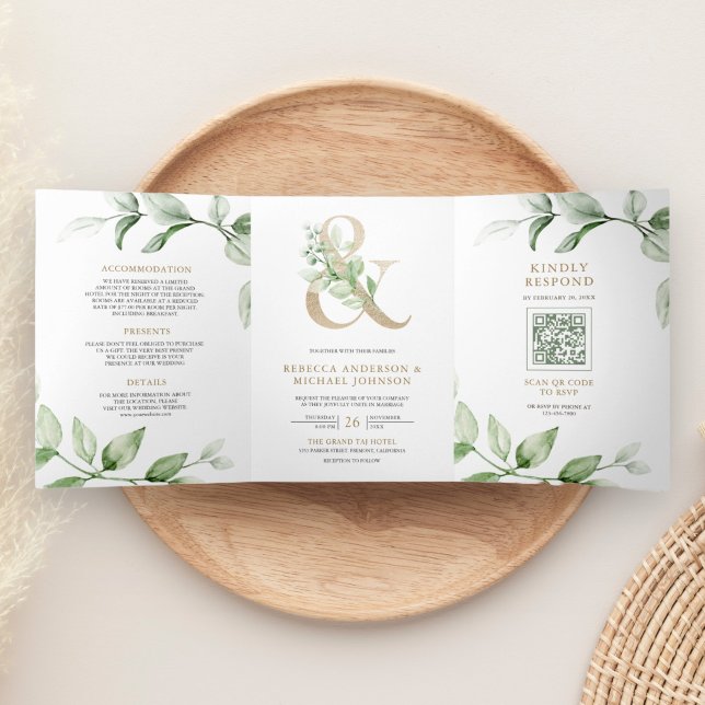 Sage Greenery Gold Ampersand QR Code Wedding Tri-Fold Invitation (Creator Uploaded)