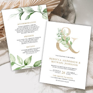 Sage Greenery Gold Ampersand White Wedding Invitation