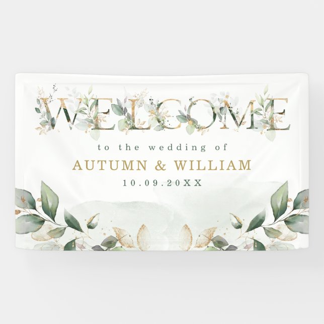 Sage Greenery Gold Garden Wedding Party Welcome Banner (Horizontal)
