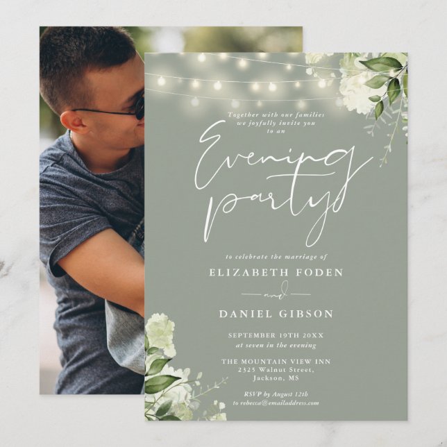 Sage Greenery Lights Photo Wedding Evening Party Invitation (Front/Back)