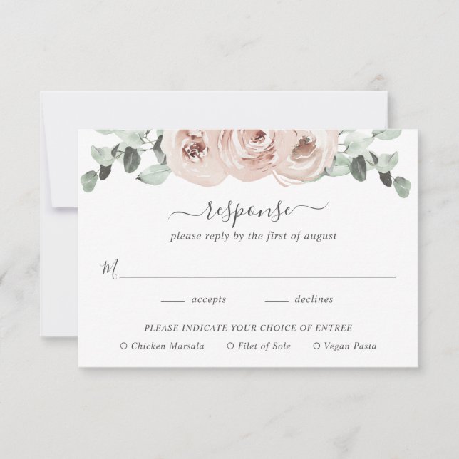 Sage Greenery Meal Pink Dusty Rose Floral Wedding RSVP Card (Front)