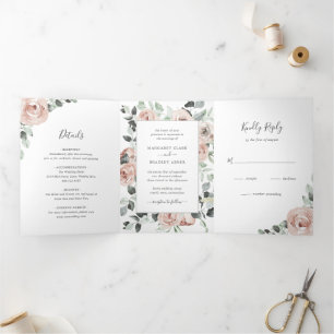 Sage Greenery Photo Pink Dusty Rose Floral Wedding Tri-Fold Invitation
