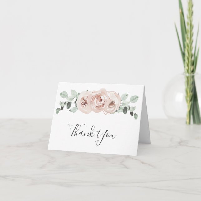 Sage Greenery Pink Floral Dusty Rose Wedding Thank You Card (Front)