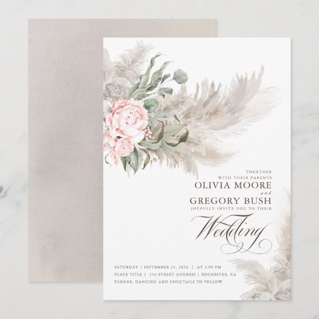 Sage Greenery Pink Flowers Pampas Grass Wedding Invitation (Front/Back)