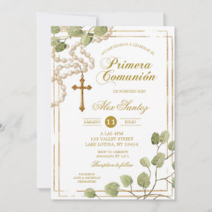 Sage Greenery Rosary Catholic Primera Comunion Inv Invitation