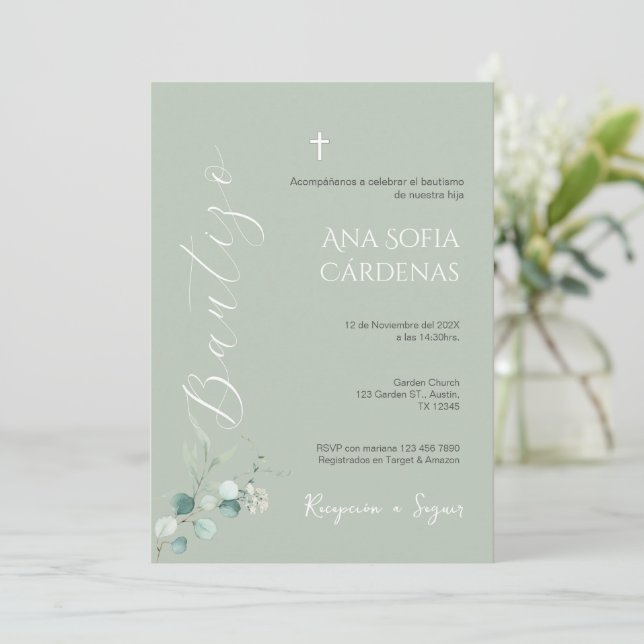Sage Greenery Spanish Baptism Girl invitation (Standing Front)