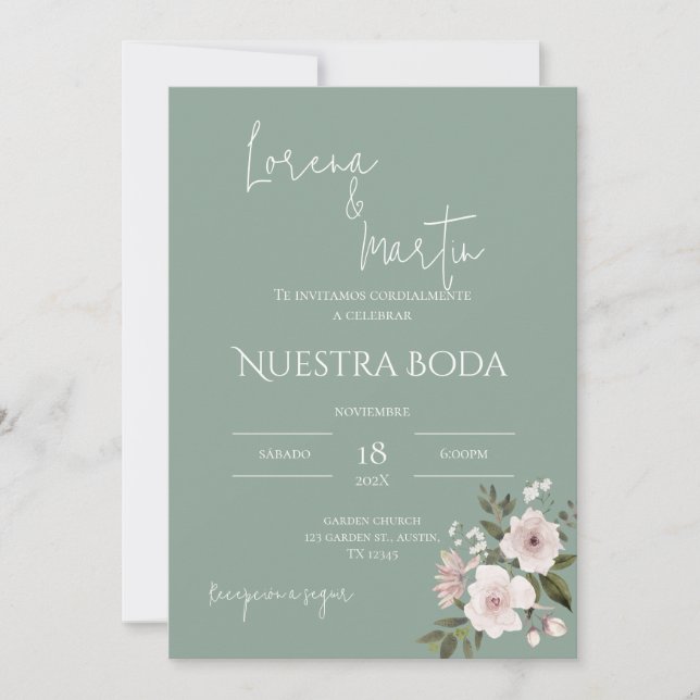 Sage Greenery Spanish Wedding Invitation (Front)