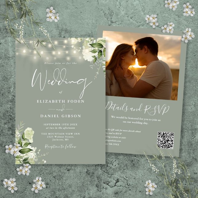 Sage Greenery String Lights QR Code Photo Wedding Invitation (Sage Greenery String Lights QR Code Photo Wedding Invitation)