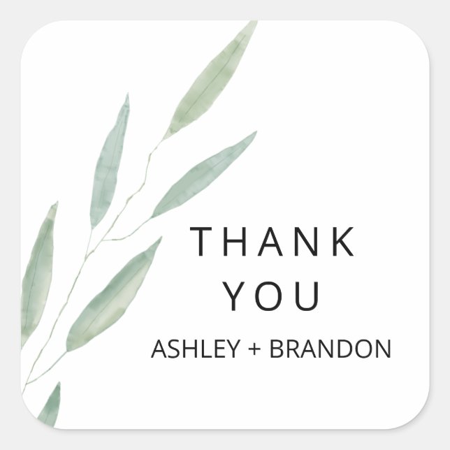 Sage Greenery Thank You Stickers, Wedding Favour Square Sticker (Front)