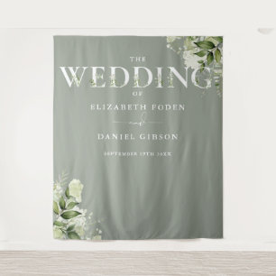Sage Greenery Typography Wedding Photo Backdrop Tapestry