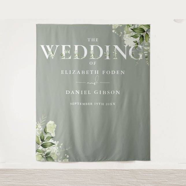 Sage Greenery Typography Wedding Photo Backdrop Tapestry (Front)