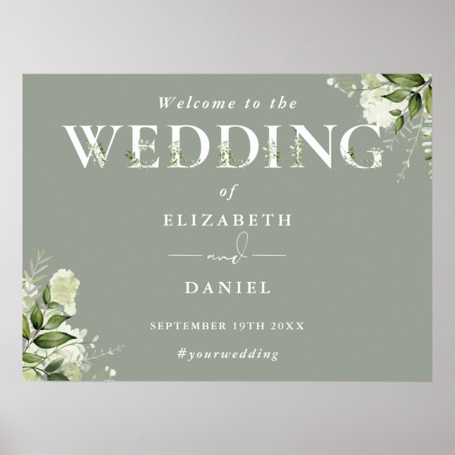 Sage Greenery Typography Wedding Welcome Sign (Front)
