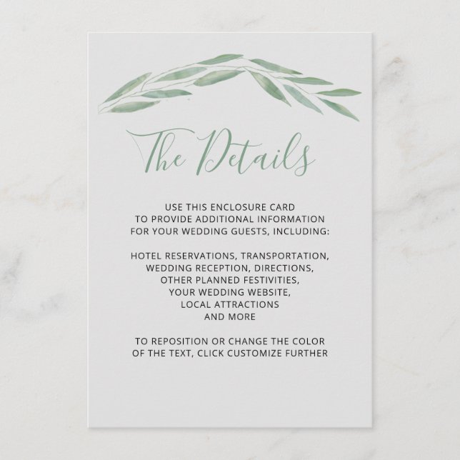 Sage Greenery Wedding Details Card, Botanical Encl Enclosure Card (Front)