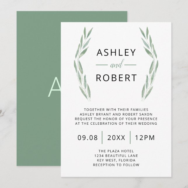 Sage Greenery Wedding Invitation, Watercolor Invitation (Front/Back)