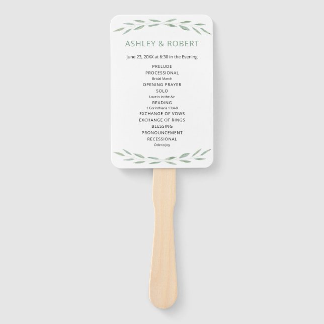 Sage Greenery Wedding Program, Botanical Hand Fan (Front)