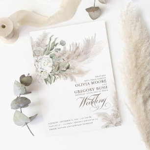 Sage Greenery White Flowers Pampas Grass Wedding Invitation
