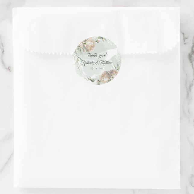 Sage Greenery White Rose Wedding Classic Round Sticker (Bag)