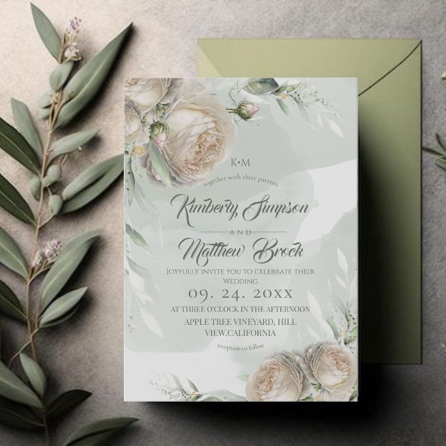 Sage Greenery White Rose Wedding Invitation (Creator Uploaded)