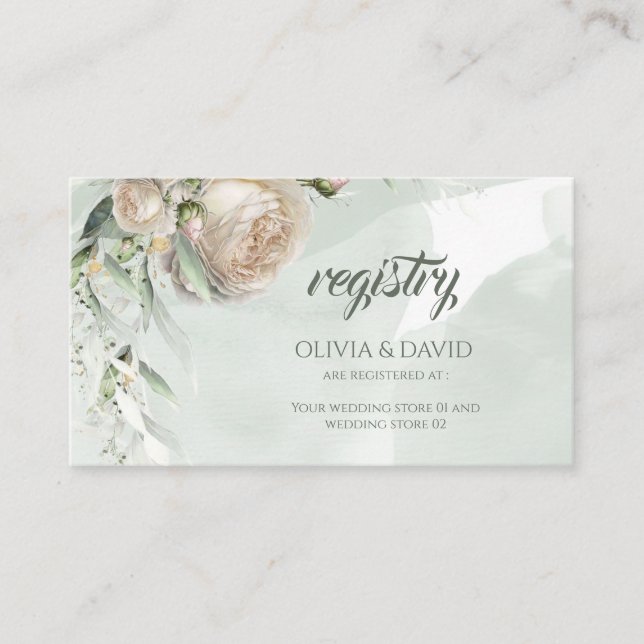 Sage Greenery White Rose Wedding Registry Enclosure Card (Front)